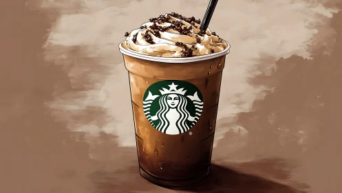 Whipped iced coffee in branded cup rendered as stylized digital painting