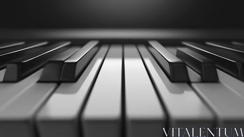 Shallow‑focus closeup isolates glossy piano keys in monochrome lighting