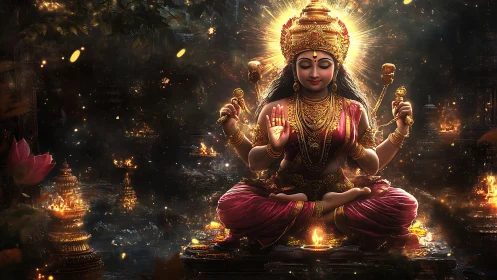 Hindu goddess figure sits in glowing multi armed meditation