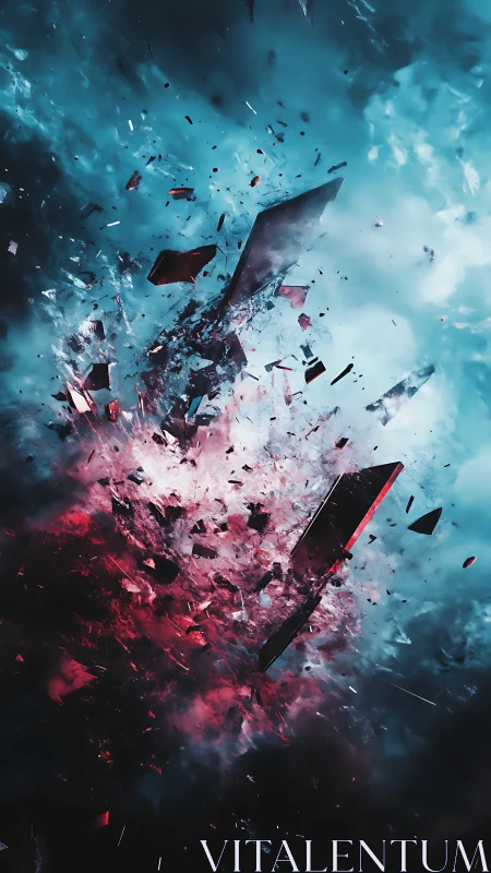 Shattered geometric shards erupt through neon storm cloud.