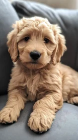 Photorealistic portrait of a golden puppy on neutral sofa.