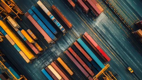 Container stacks and cranes align along port terminal lanes