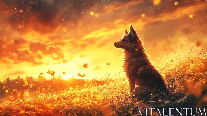 Sunlit canine in glowing meadow at cinematic sunset.