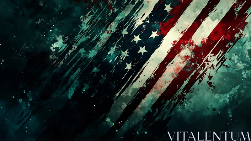 Storm swept American flag streaked through turbulent color.