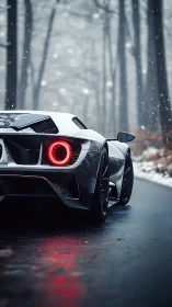 Rear three-quarter hypercar view on wet forest road in snowfall