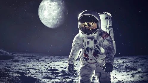 Moonlit wanderer strides across the quiet lunar frontier.