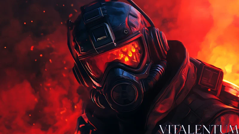Armored figure in respirator helmet stands amid red combustion