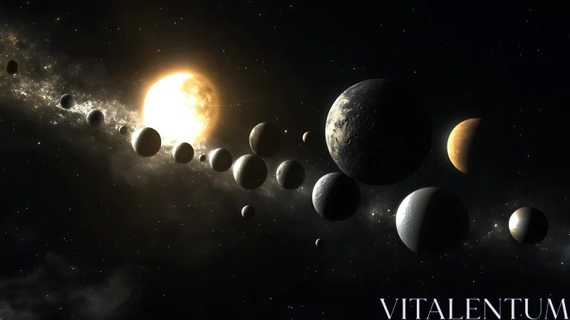 Gentle parade of distant planets drifting past a warm star.