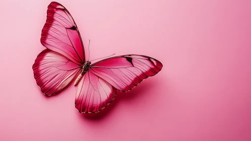 Pink butterfly spreads translucent wings on monochrome field.