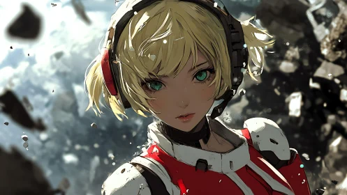 Starbound pilot with emerald eyes in drifting starlight.