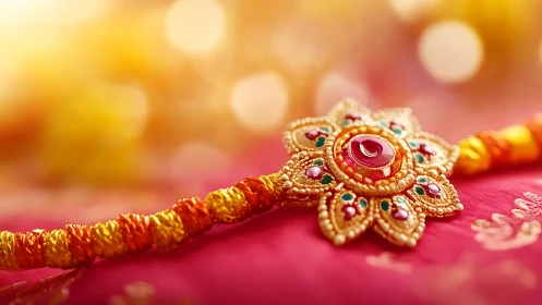 Golden rakhi glow on silk in soft festive light.