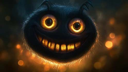 Glowing eyed furry orb creature with luminous toothy grin