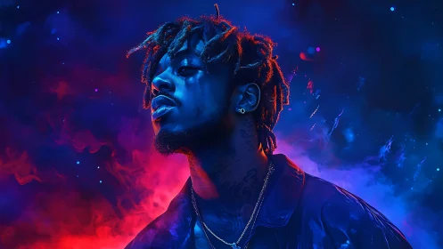 Moody neon portrait glows with bold color and quiet pride