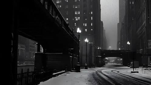 Snow-covered city street curves beneath elevated bridges at night