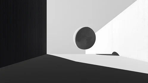 Floating black sphere rests in calm minimalist light and shadow