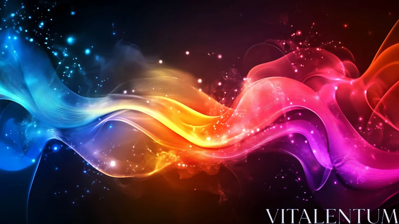 Dynamic multicolor light waves on dark abstract background.