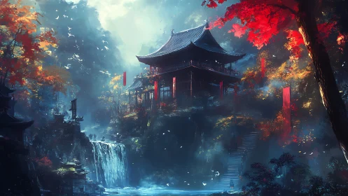 Misty mountainside temple amid red autumn forest cascade.