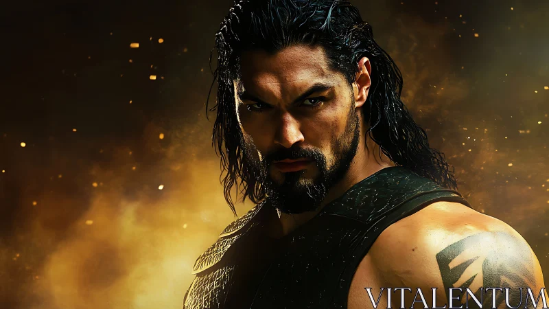 Warrior portrait under molten gold cinematic lighting.