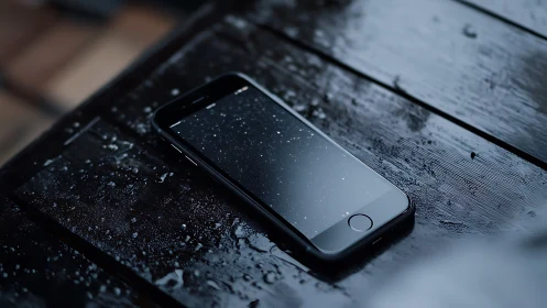 Water-Damaged Smartphone on Weathered Dark Wood Surface