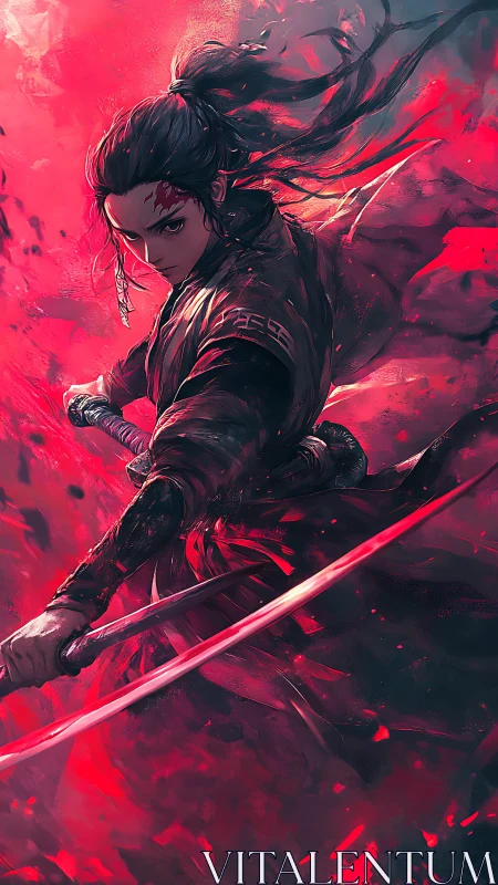 Samurai warrior swings dual katanas in red-tinted motion