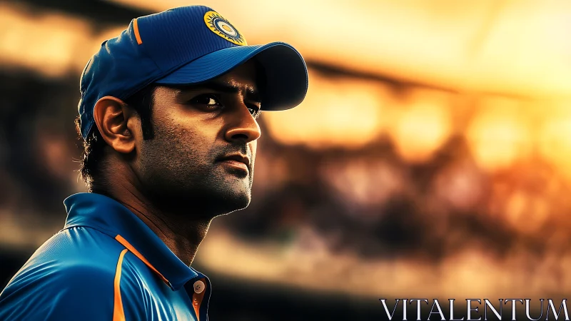 Cricket player portrait under dramatic sunset stadium lighting.