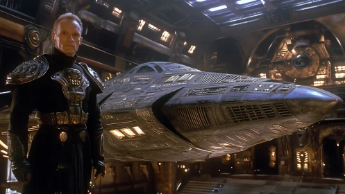 Regal space commander guarding a sleek silver starship.