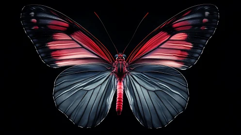 Red and black butterfly with detailed glossy wings on black