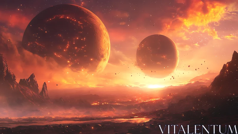 Binary molten planets rise over volcanic alien horizon