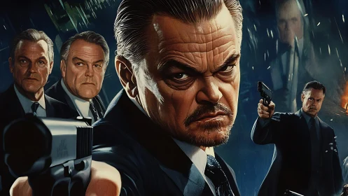 Stylized armed agents advance in tense neo-noir confrontation