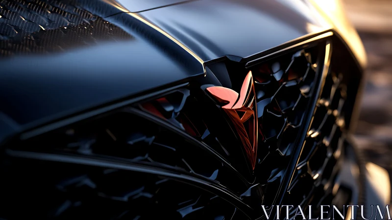 Sports car grille emblem reflects warm sunset light.