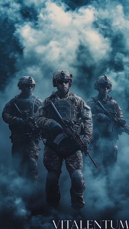 Three tactical soldiers advance through dense combat smoke