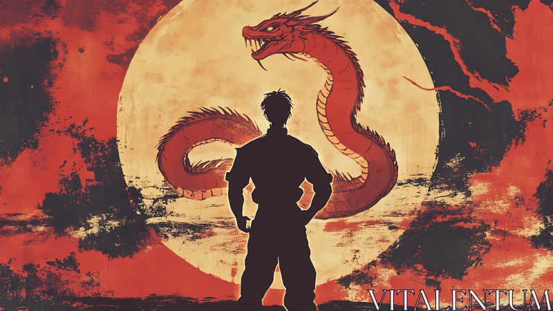 Moonlit challenger facing coiled crimson dragon spirit.