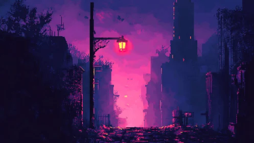 Neon dusk street glows through pixelated cyberpunk ruins.