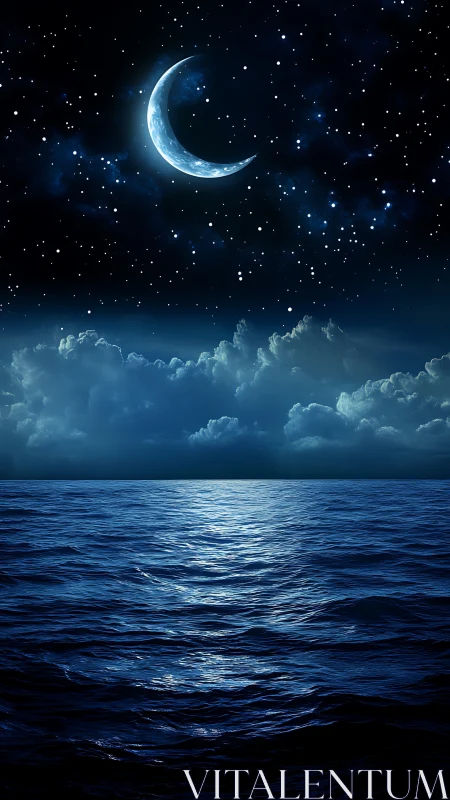 Crescent moon over azure ocean with reflective starlit sky.