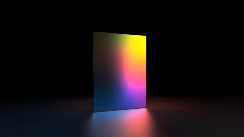 Minimalist mirror with vibrant gradient reflection on dark background.