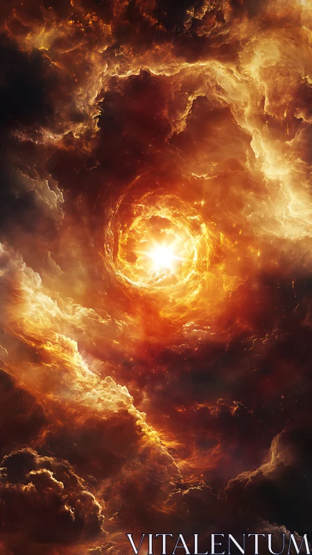 Fiery cosmic vortex framed by swirling glowing clouds.