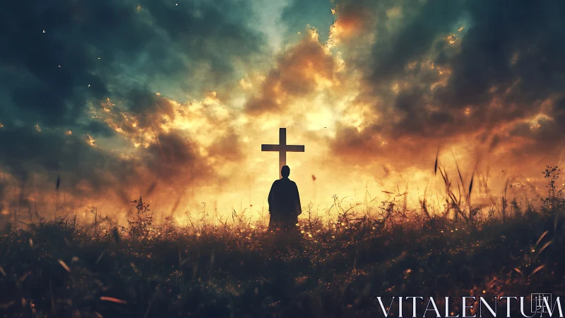 Silhouetted figure stands before glowing cross at sunset