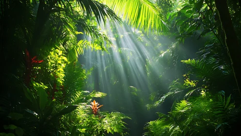 Volumetric sunlight rays piercing dense tropical rainforest