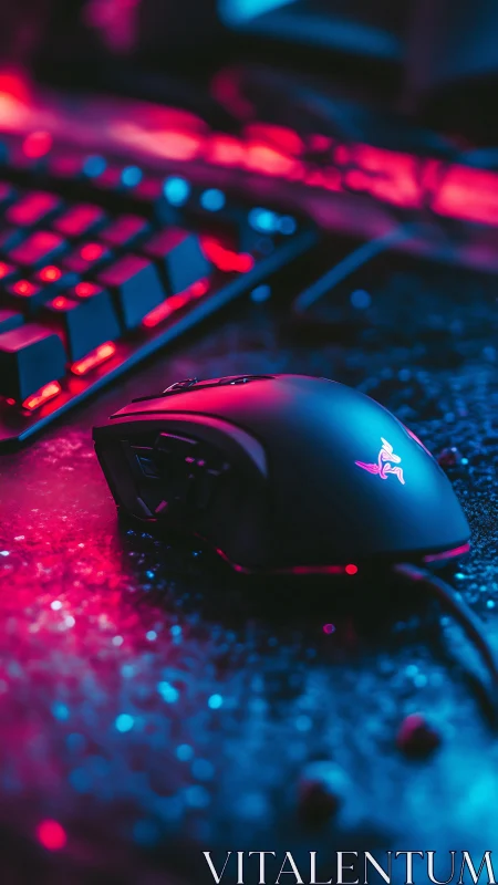 Gaming peripheral setup with neon illumination.