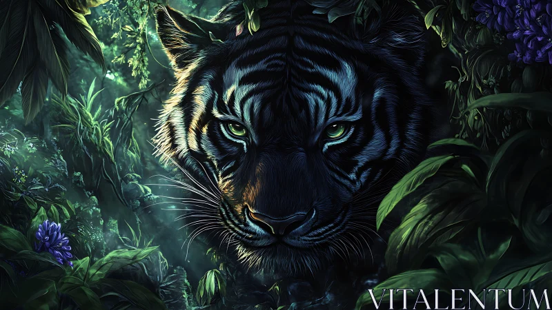 Nocturnal jungle tiger portrait with luminous green eyes.