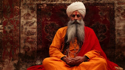 Portrait of robed elder guru against ornate red tapestry.