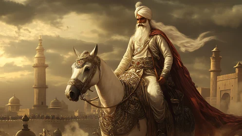 Sikh warrior king rides armored horse through golden citadel.