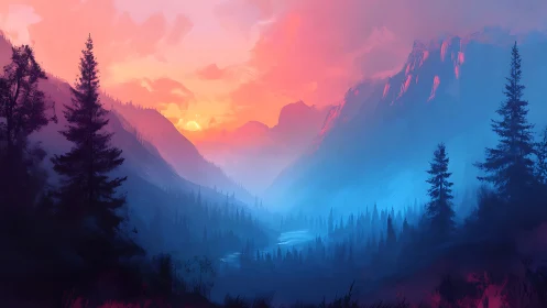 Boreal valley panorama with sunset-lit peaks and misted river