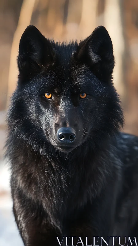 Black wolf portrait with amber eyes in shallow depth field