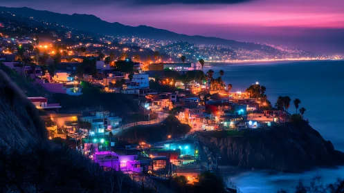 Clifftop seaside town glowing in dreamy neon twilight.
