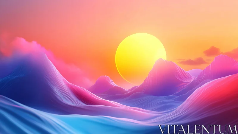 Neon sunrise bathes flowing pastel mountains in soft glow.