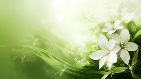 White Flowers Bloom Against a Luminous Green Energy Background