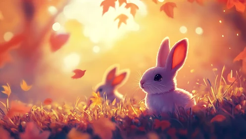 Soft autumn light surrounding dreamy rabbits at dusk.