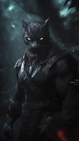 Armored black panther warrior standing in shadowed forest.