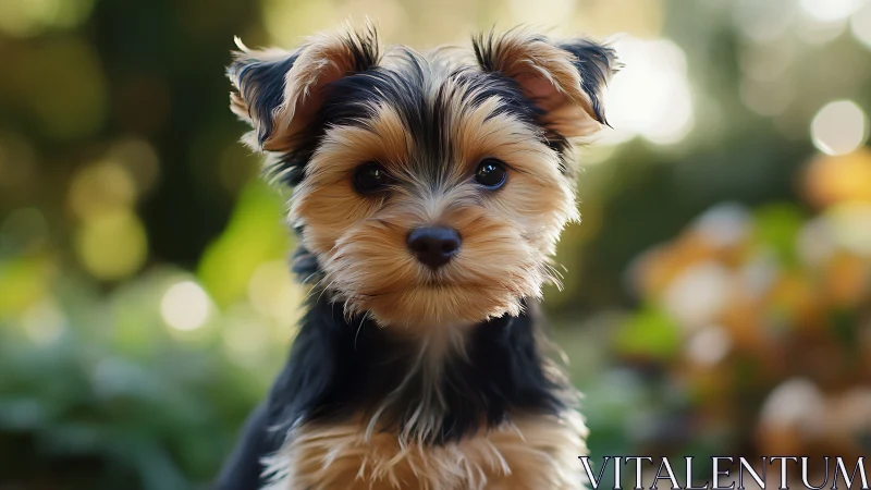 Yorkshire terrier puppy portraits soft autumn bokeh light.